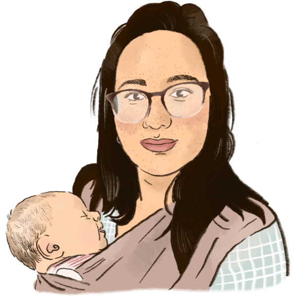 Illustrated portrait of Sophie holding her baby.